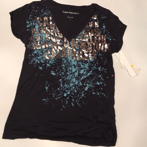 NWT Calvin Klein jeans logo splatter top M blue - Picture 2 of 8